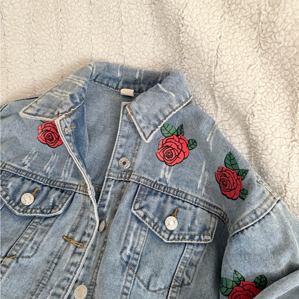 Mega Cropped Denim Jacket with Rose Embroidery by Lulu Simone - Picture 4 of 14